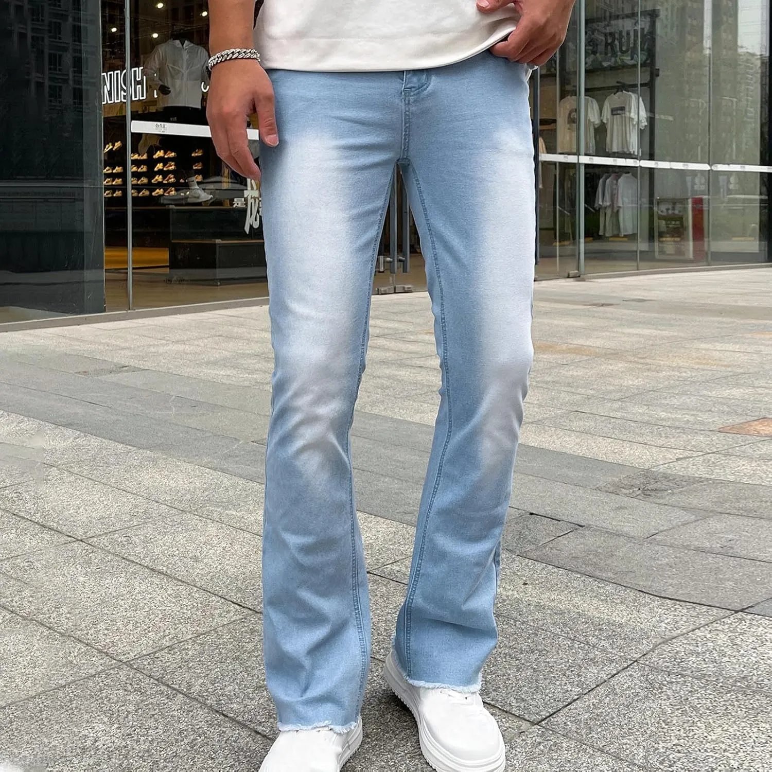 Finelylove Jeans for Men Stretch Fit Low Rise Bootcut Jeans Slim Fit Wash Denim Pants Fashion Streetwear Trousers