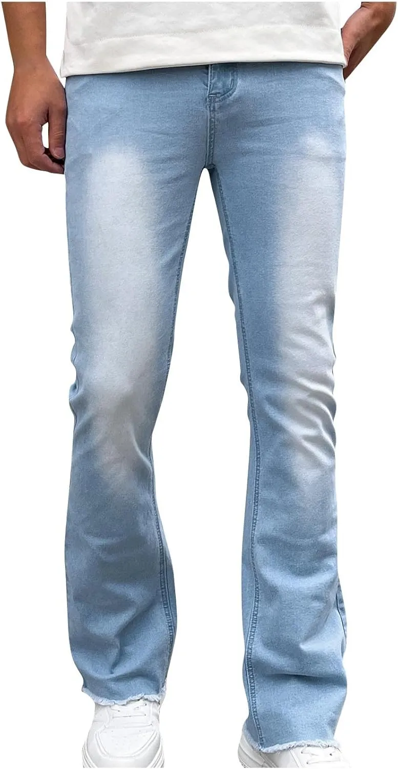 Finelylove Jeans for Men Stretch Fit Low Rise Bootcut Jeans Slim Fit Wash Denim Pants Fashion Streetwear Trousers