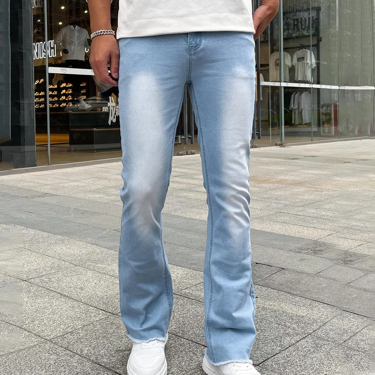 Finelylove Jeans for Men Stretch Fit Low Rise Bootcut Jeans Slim Fit Wash Denim Pants Fashion Streetwear Trousers