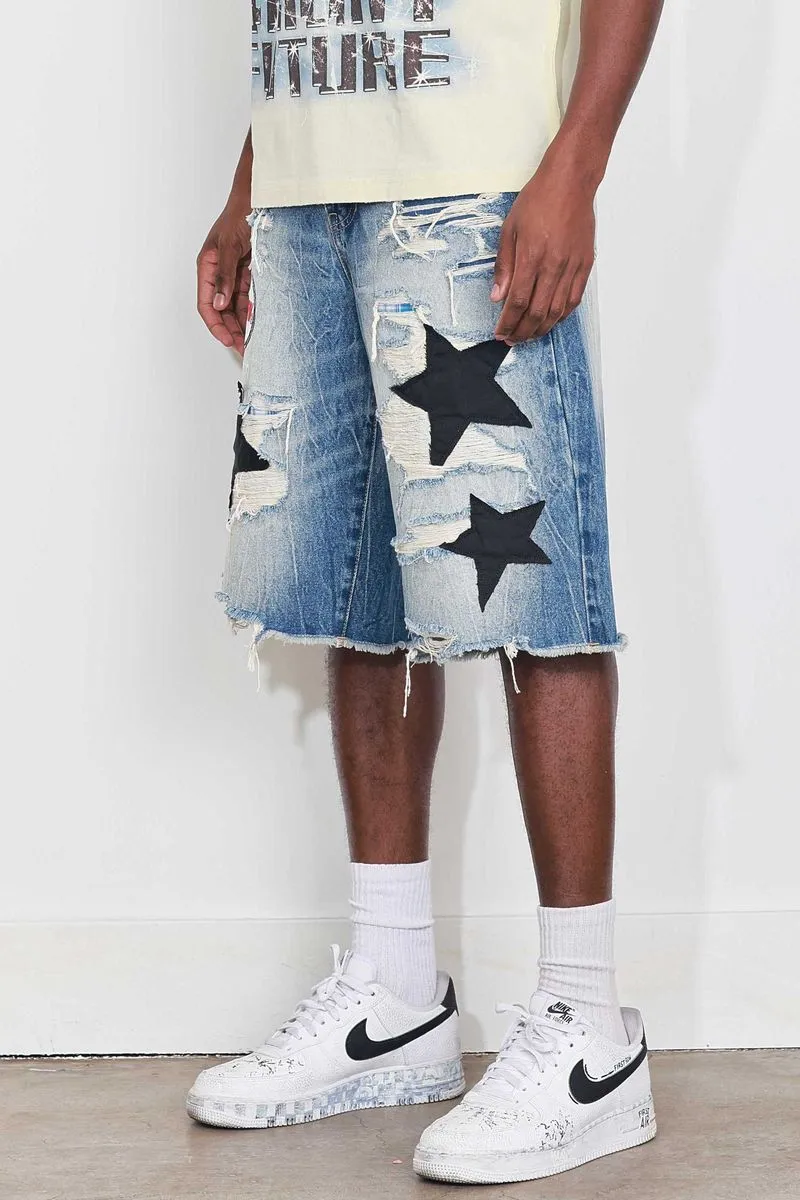 FIRST ROW PATCHES CUT OFF PLAID DENIM JORTS