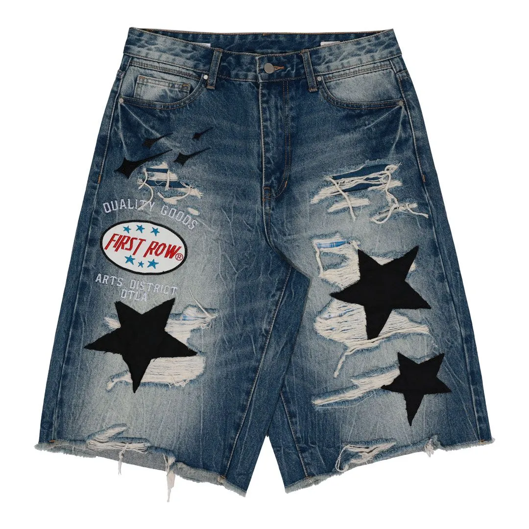 FIRST ROW PATCHES CUT OFF PLAID DENIM JORTS