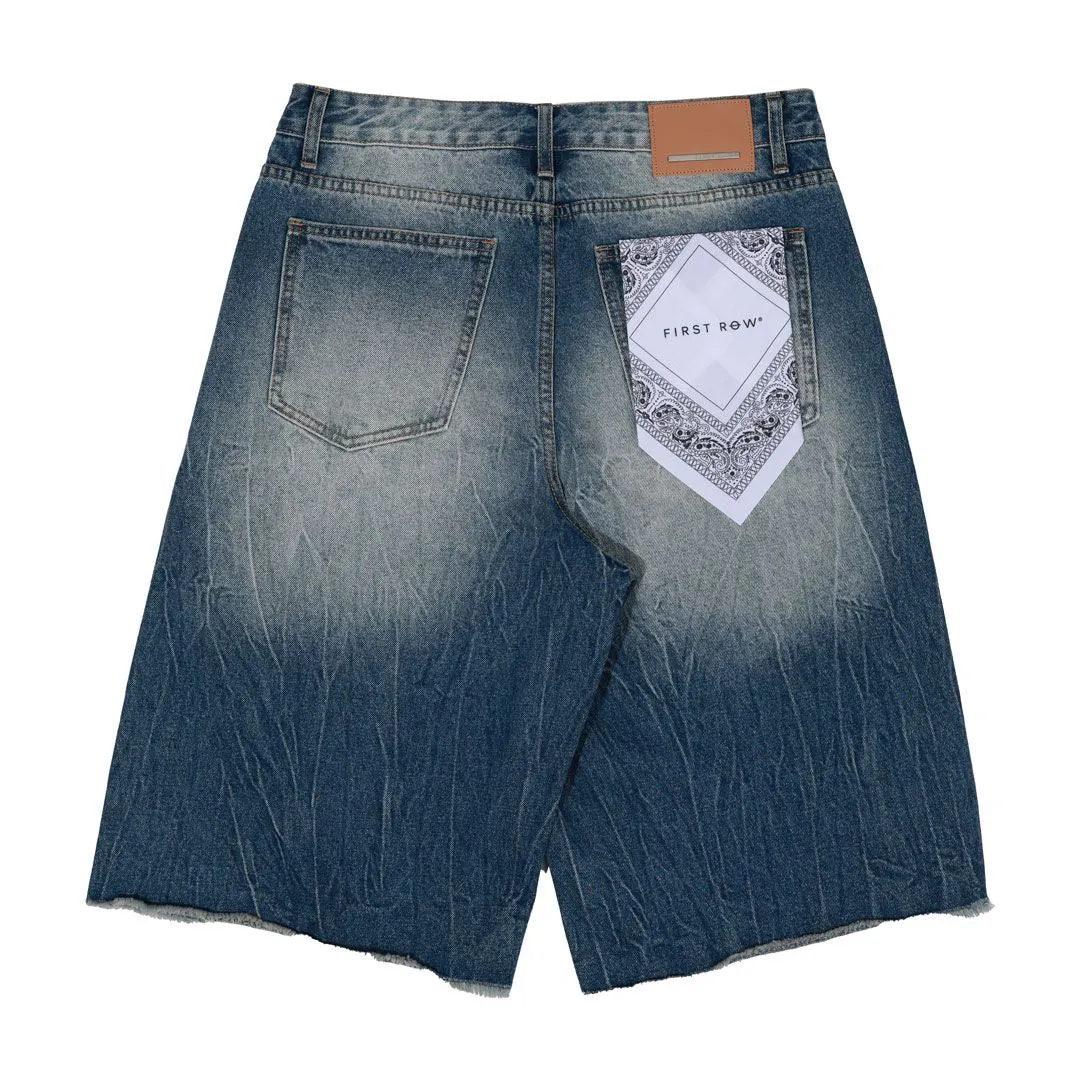 FIRST ROW PATCHES CUT OFF PLAID DENIM JORTS
