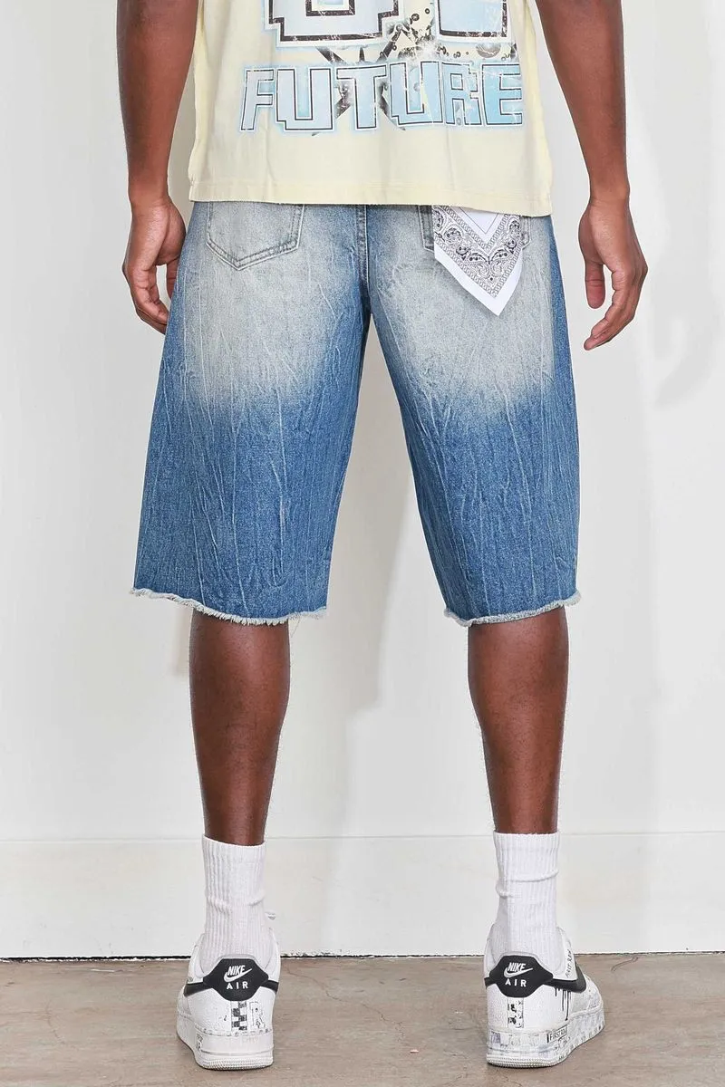 FIRST ROW PATCHES CUT OFF PLAID DENIM JORTS