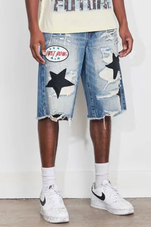 FIRST ROW PATCHES CUT OFF PLAID DENIM JORTS