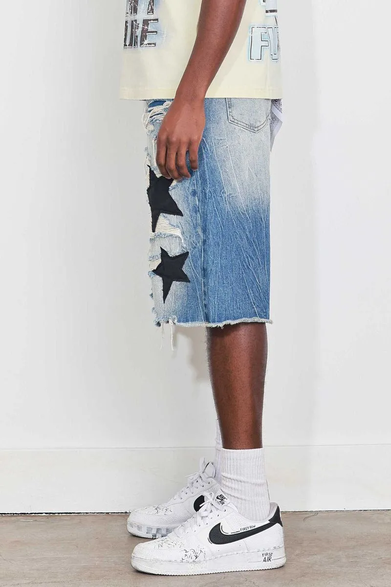 FIRST ROW PATCHES CUT OFF PLAID DENIM JORTS