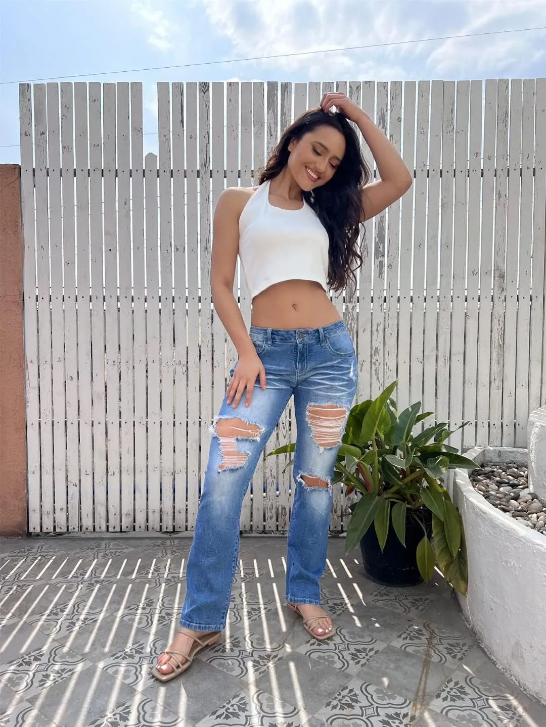 Flamingals Bootcut Jeans for Women Low Waisted Stretchy Skinny Jeans Ripped Distressed Wash Vintage Trendy Denim Jeans