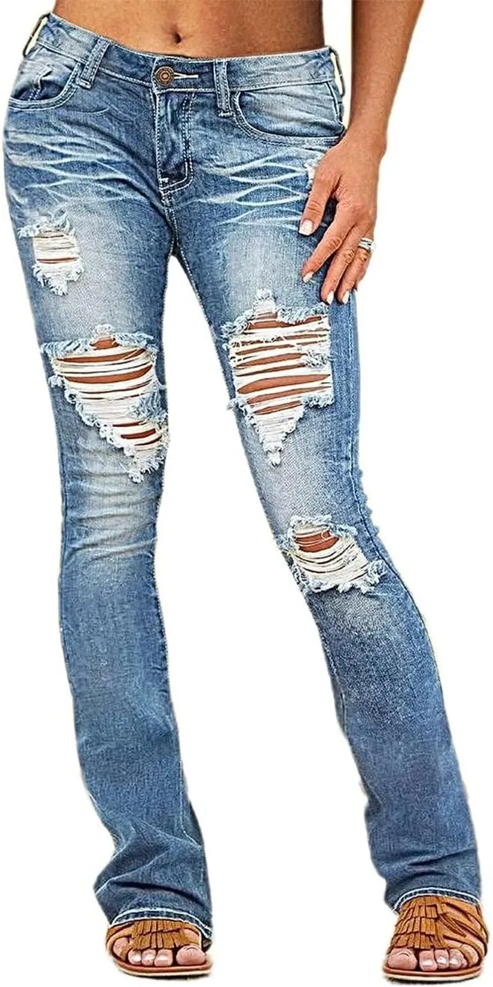 Flamingals Bootcut Jeans for Women Low Waisted Stretchy Skinny Jeans Ripped Distressed Wash Vintage Trendy Denim Jeans