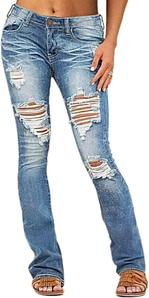 Flamingals Bootcut Jeans for Women Low Waisted Stretchy Skinny Jeans Ripped Distressed Wash Vintage Trendy Denim Jeans