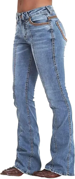 Flamingals Low Rise Bootcut Jeans for Women Wash Contrast Stitch Seam Front Flare Jeans