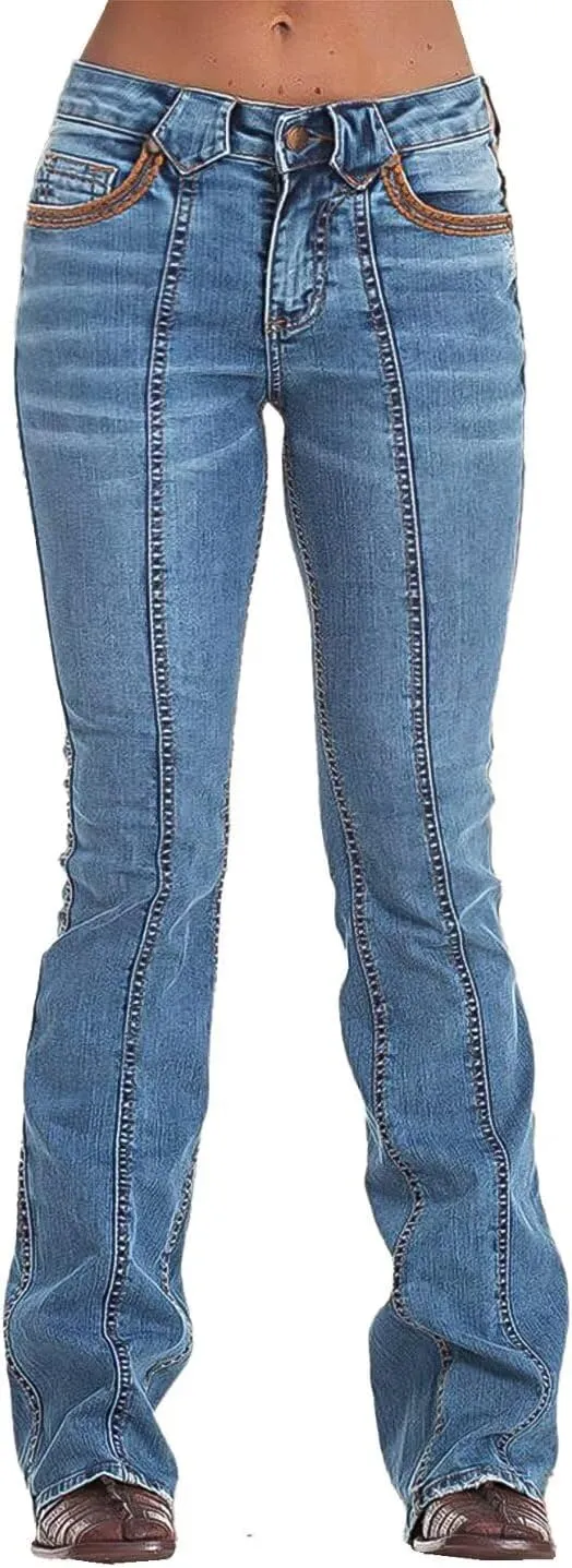 Flamingals Low Rise Bootcut Jeans for Women Wash Contrast Stitch Seam Front Flare Jeans