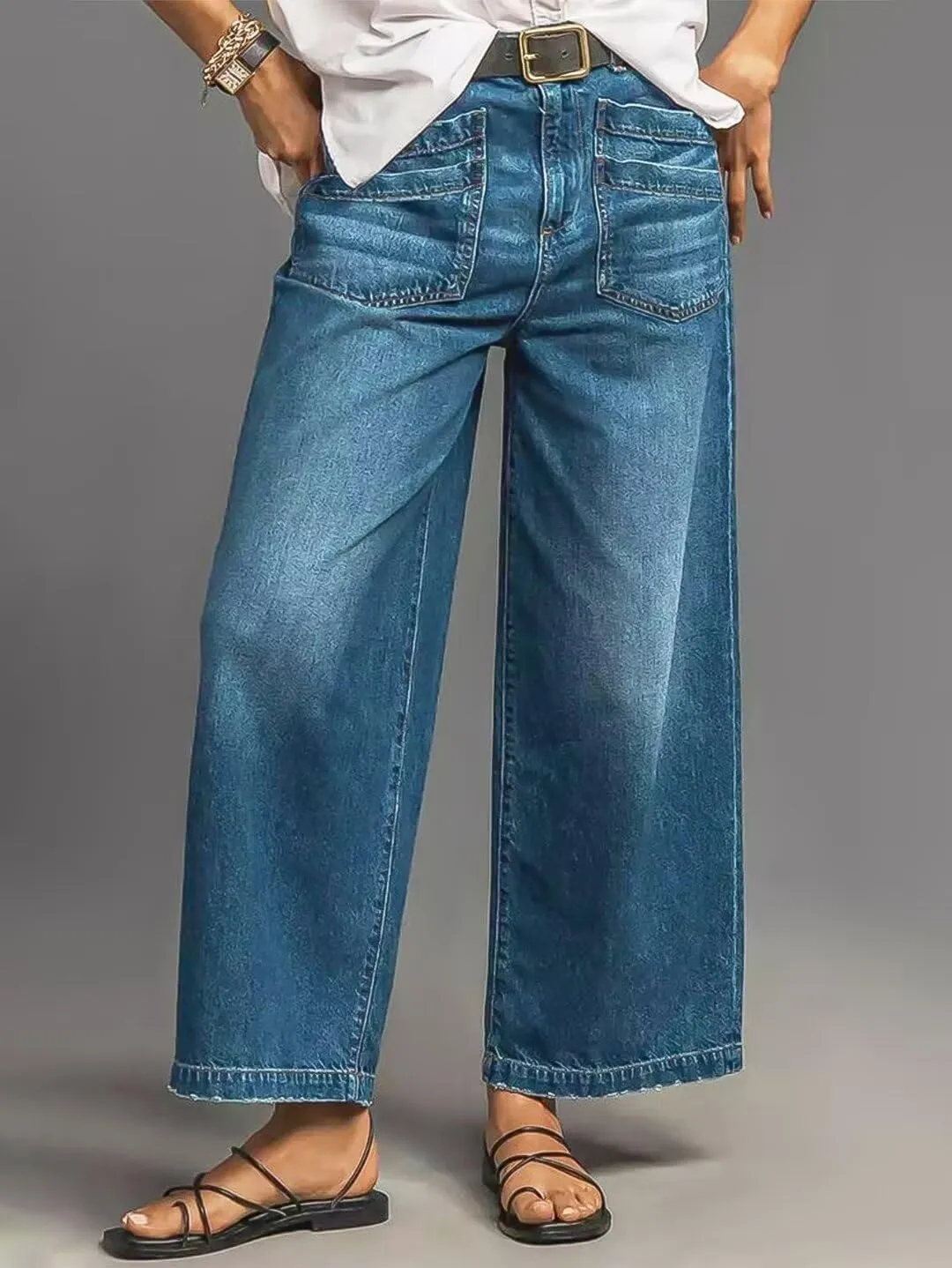 Flamingals Wide Straight Leg Mid Rise Baggy Flap Pocket Raw Hem Denim Jeans