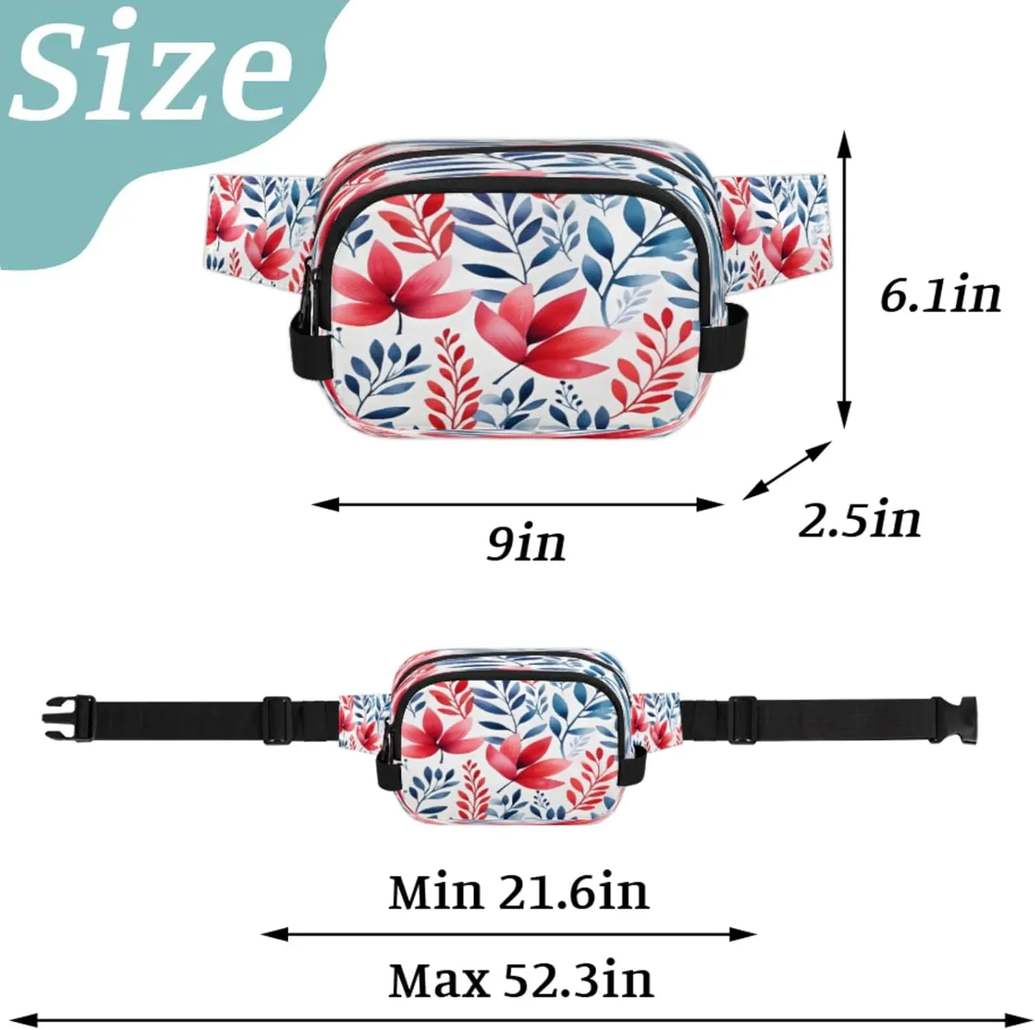Floral Fusion Waterproof Unisex Square Fanny Pack, Adjustable Waist Bag with Pockets, Sturdy Lightweight Crossbody Bag for Travel, Running, Hiking (9x6.1x2.5 Inches)
