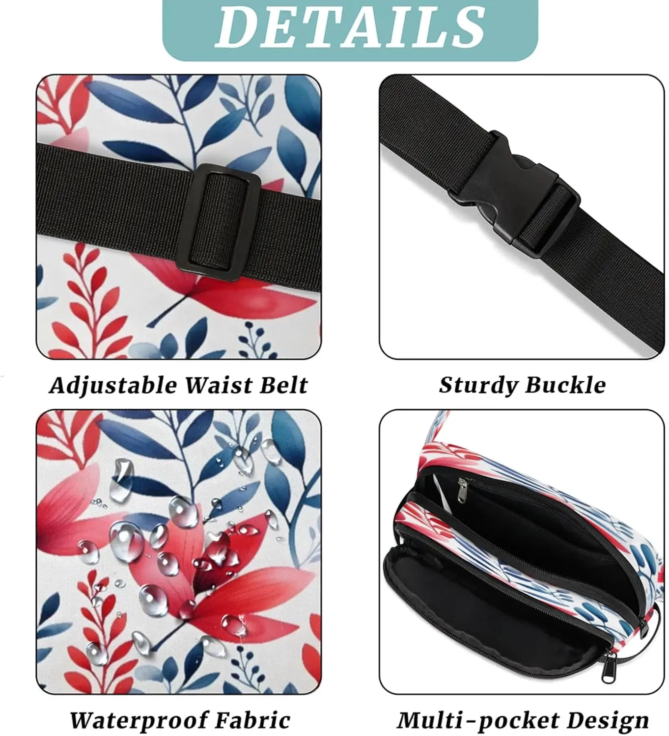 Floral Fusion Waterproof Unisex Square Fanny Pack, Adjustable Waist Bag with Pockets, Sturdy Lightweight Crossbody Bag for Travel, Running, Hiking (9x6.1x2.5 Inches)
