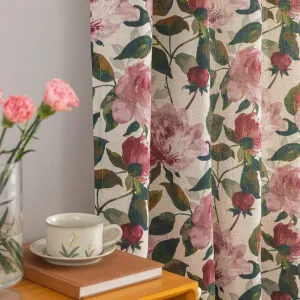 Floral Linen Curtains for Living Room 63 Inch Length Pink Flower Printed Pattern Shabby Chic Curtains Short Coquette Curtains for Bedroom Spring Light Filtering Drapes Set of 2 Panels 50" W x 63" L