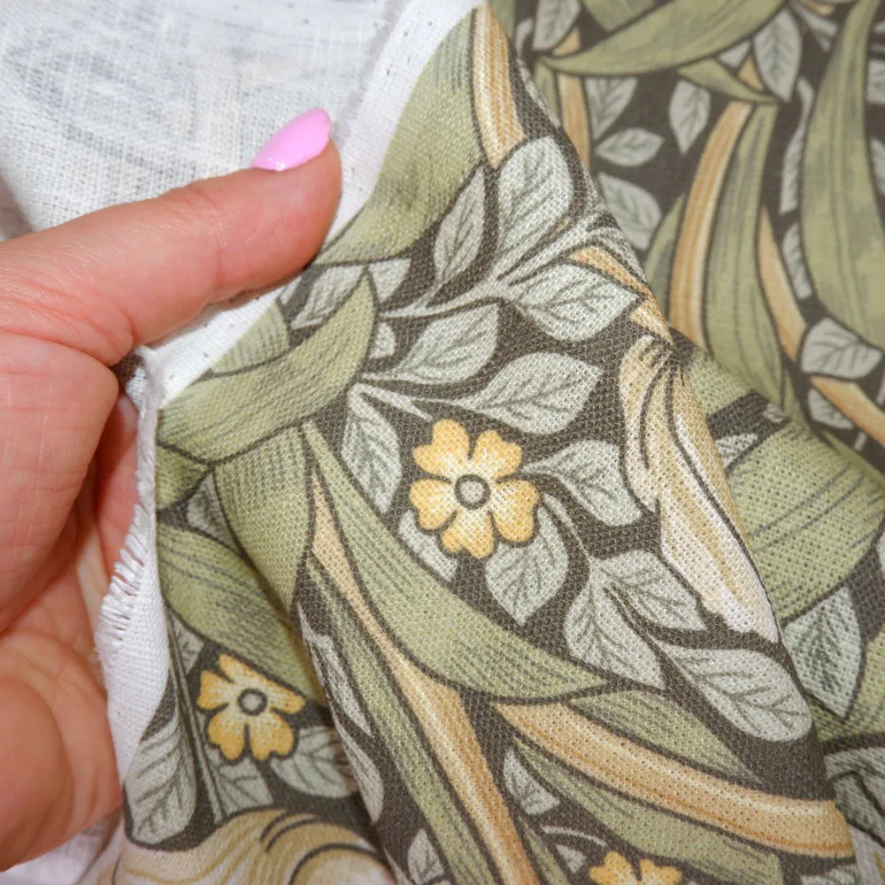 Floral linen fabric - William Morris Pimpernel green WM201A