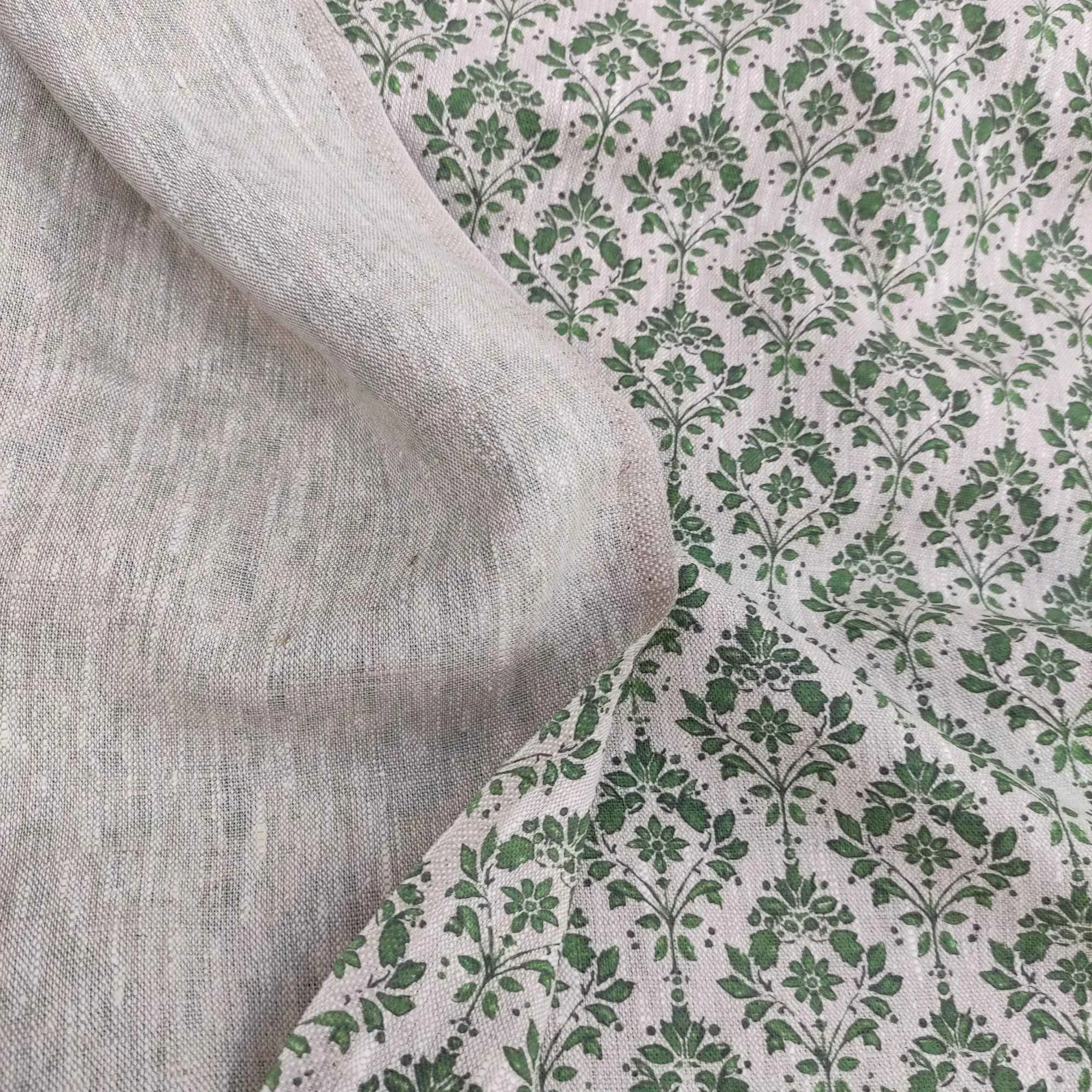 Floral linen fabric with green block print on oatmeal linen LL340P - 100% linen