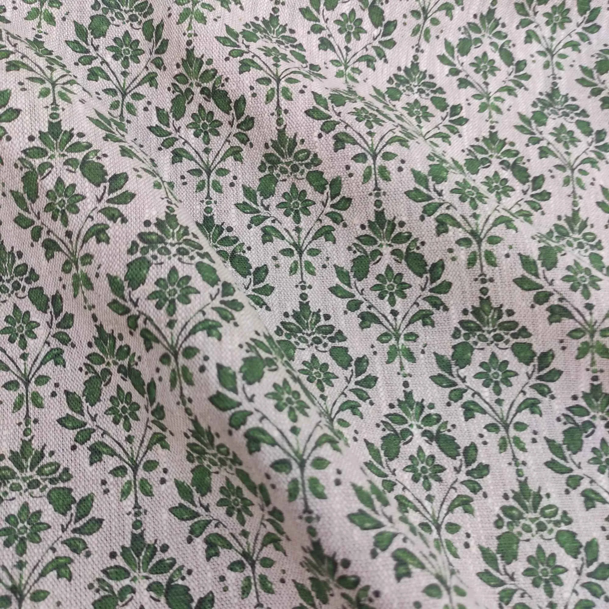 Floral linen fabric with green block print on oatmeal linen LL340P - 100% linen