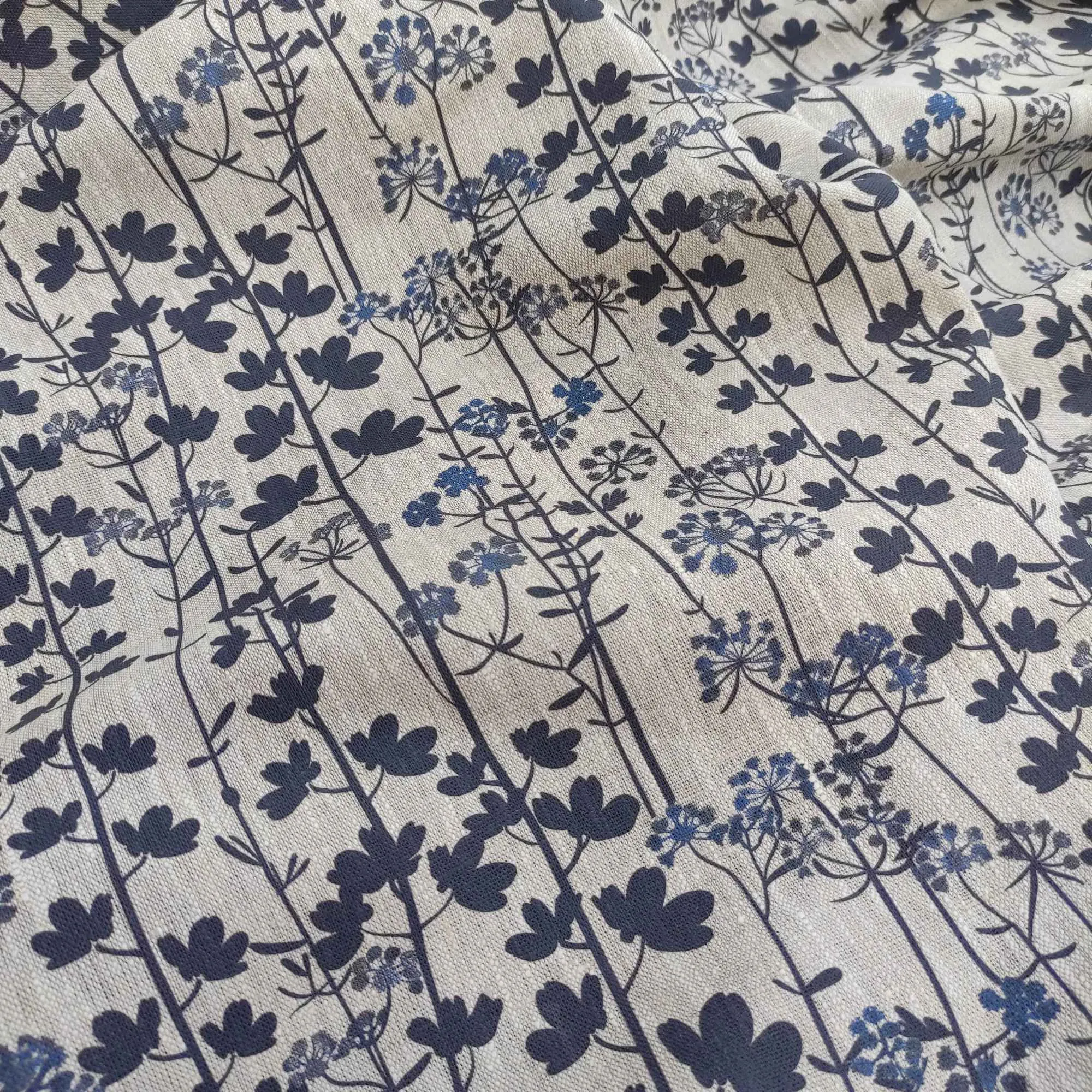 Floral linen fabric with Japandi Kummin print on oatmeal linen LL335P - 100% linen