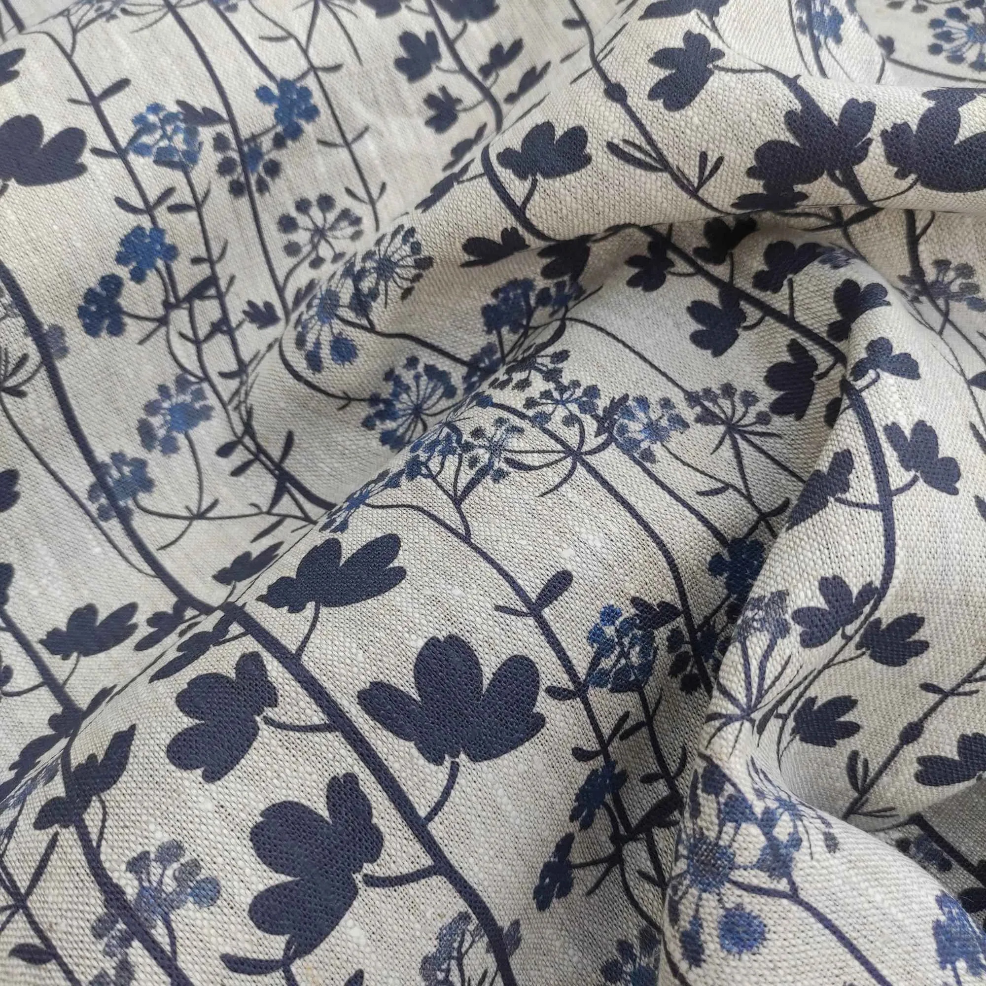 Floral linen fabric with Japandi Kummin print on oatmeal linen LL335P - 100% linen