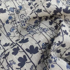 Floral linen fabric with Japandi Kummin print on oatmeal linen LL335P - 100% linen