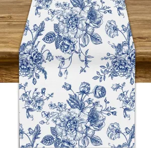 Floral Table Runner,Blue Flower Table Decoration Chinoiserie Dinner Table Decoration for Home Living Room Kitchen Dining Room Party Indoor Outdoor 13x36in