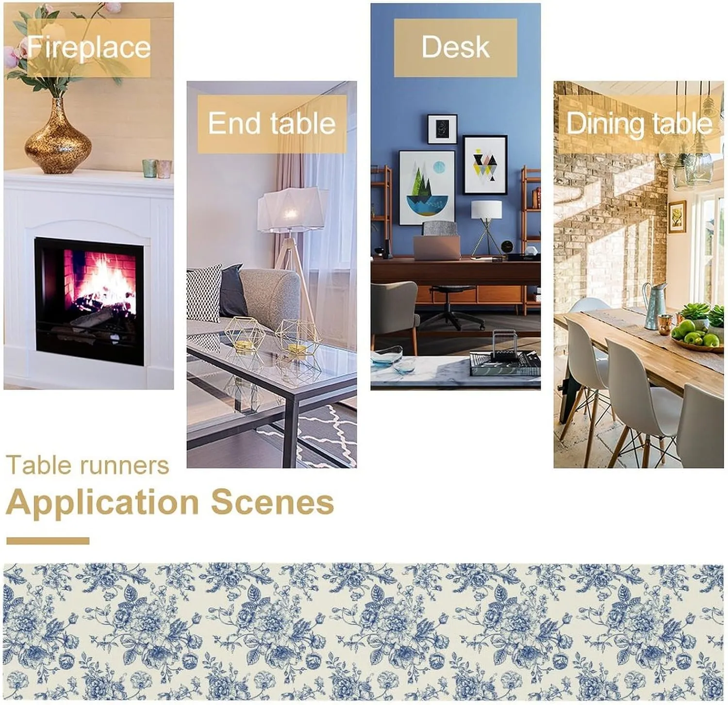Floral Table Runner,Blue Flower Table Decoration Chinoiserie Dinner Table Decoration for Home Living Room Kitchen Dining Room Party Indoor Outdoor 13x36in