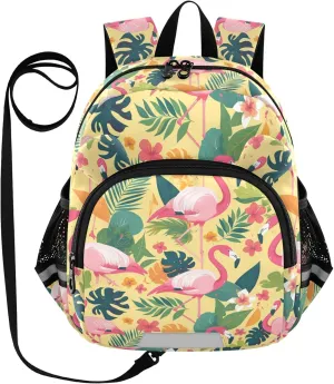 Flower Pink Preschool Backpack Flamingo Daycare Bookbag School Backpack with Traction Rope for Kids 3-6