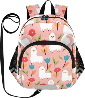 Flower Plant Preschool Backpack Cartoon Llama Daycare Bookbag School Backpack with Traction Rope for Kids 3-6