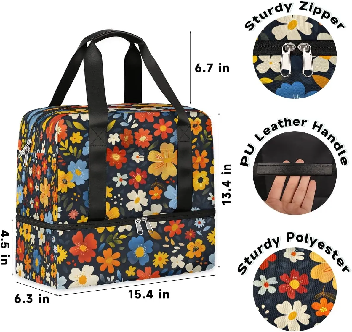 Flowers Meadow Travel Duffel Bag Dry Wet Separated Sports Tote Travel Duffle Bag Gym Workout Bag Women Travel Duffel Bag for Women, Travel, Gym, Work