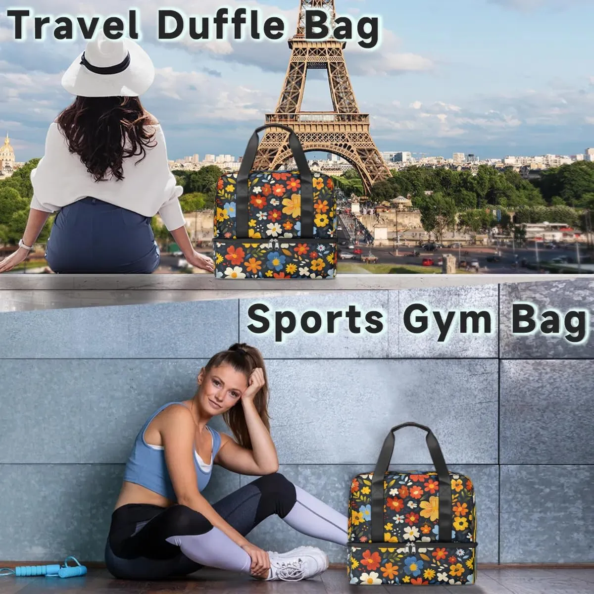 Flowers Meadow Travel Duffel Bag Dry Wet Separated Sports Tote Travel Duffle Bag Gym Workout Bag Women Travel Duffel Bag for Women, Travel, Gym, Work
