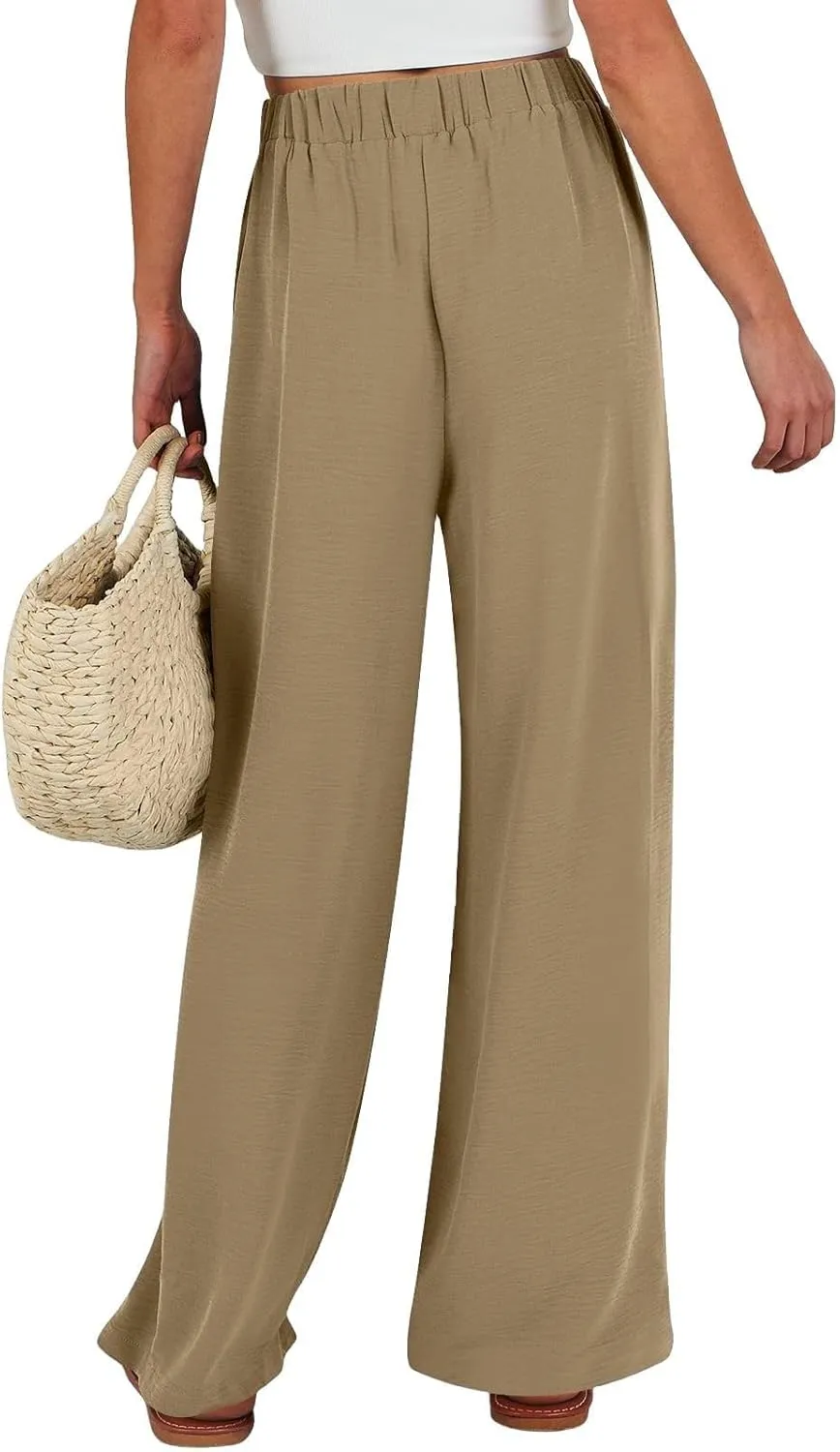 Flowy Linen Pants Women Wide Leg Tie Knot Palazzo Pants Loose Beach Pants High Waisted Trousers with Pockets