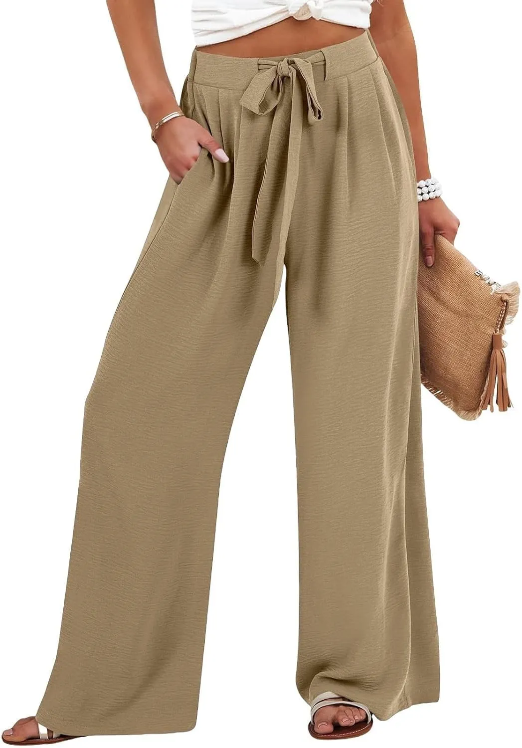 Flowy Linen Pants Women Wide Leg Tie Knot Palazzo Pants Loose Beach Pants High Waisted Trousers with Pockets
