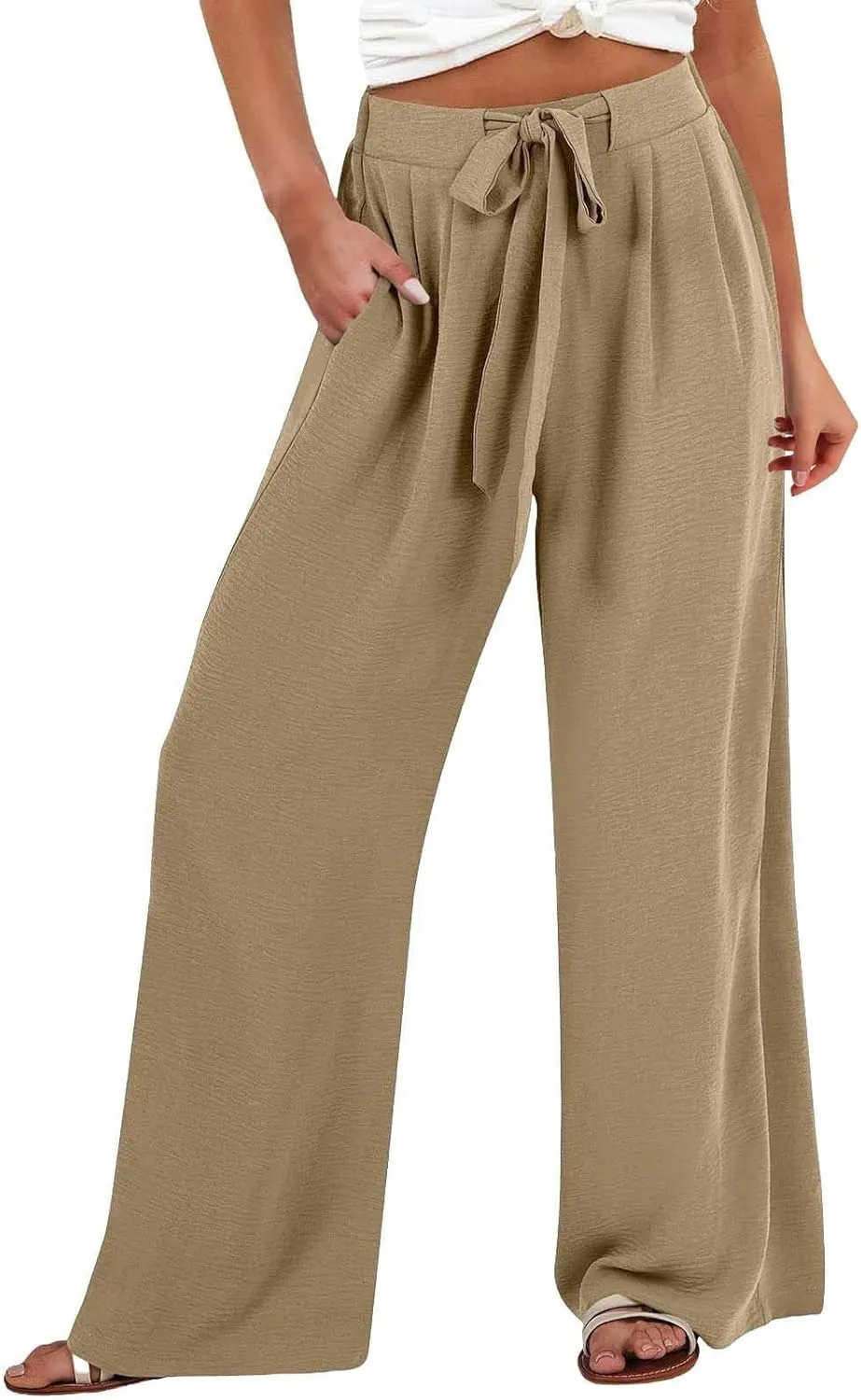 Flowy Linen Pants Women Wide Leg Tie Knot Palazzo Pants Loose Beach Pants High Waisted Trousers with Pockets