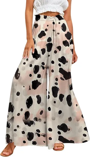 Flowy Pants for Women High Waisted Wide Leg Floral Palazzo Pant Drawstring Summer 2025 Beach Boho Trousers