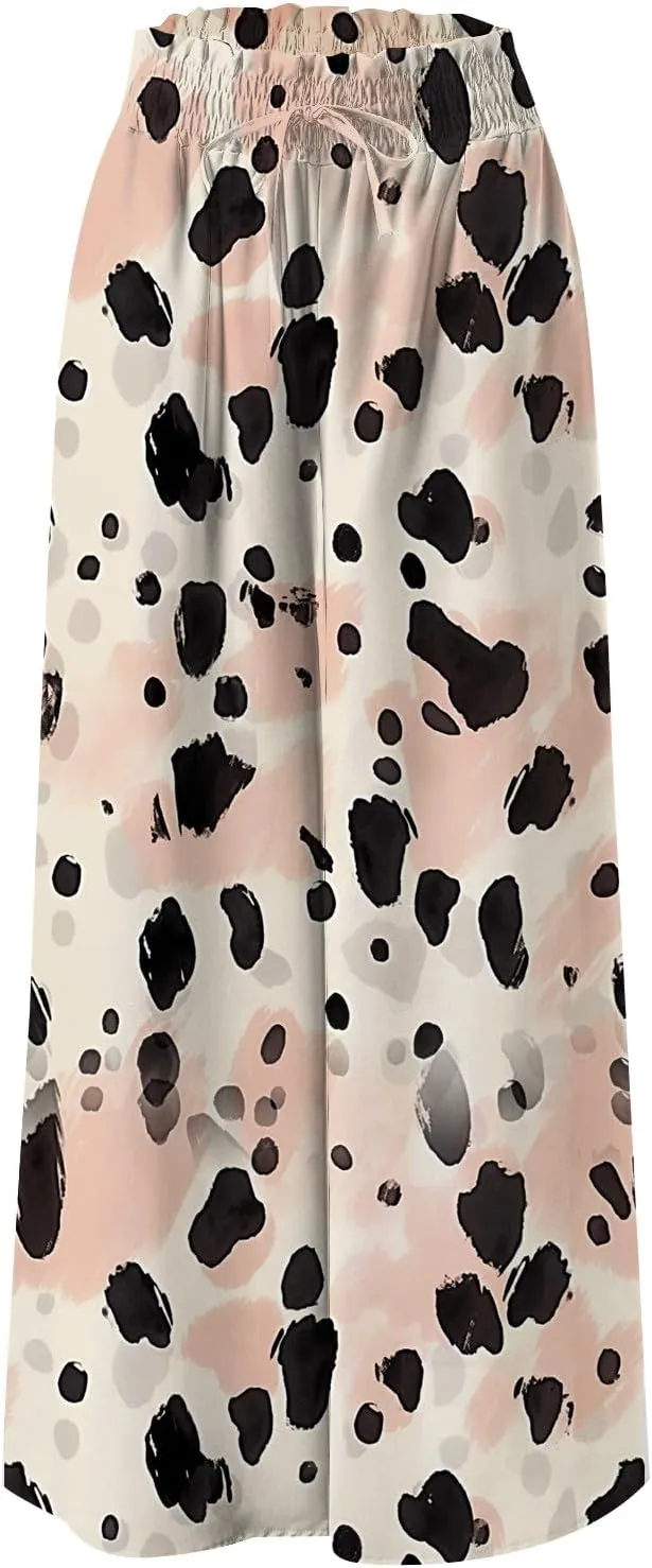 Flowy Pants for Women High Waisted Wide Leg Floral Palazzo Pant Drawstring Summer 2025 Beach Boho Trousers