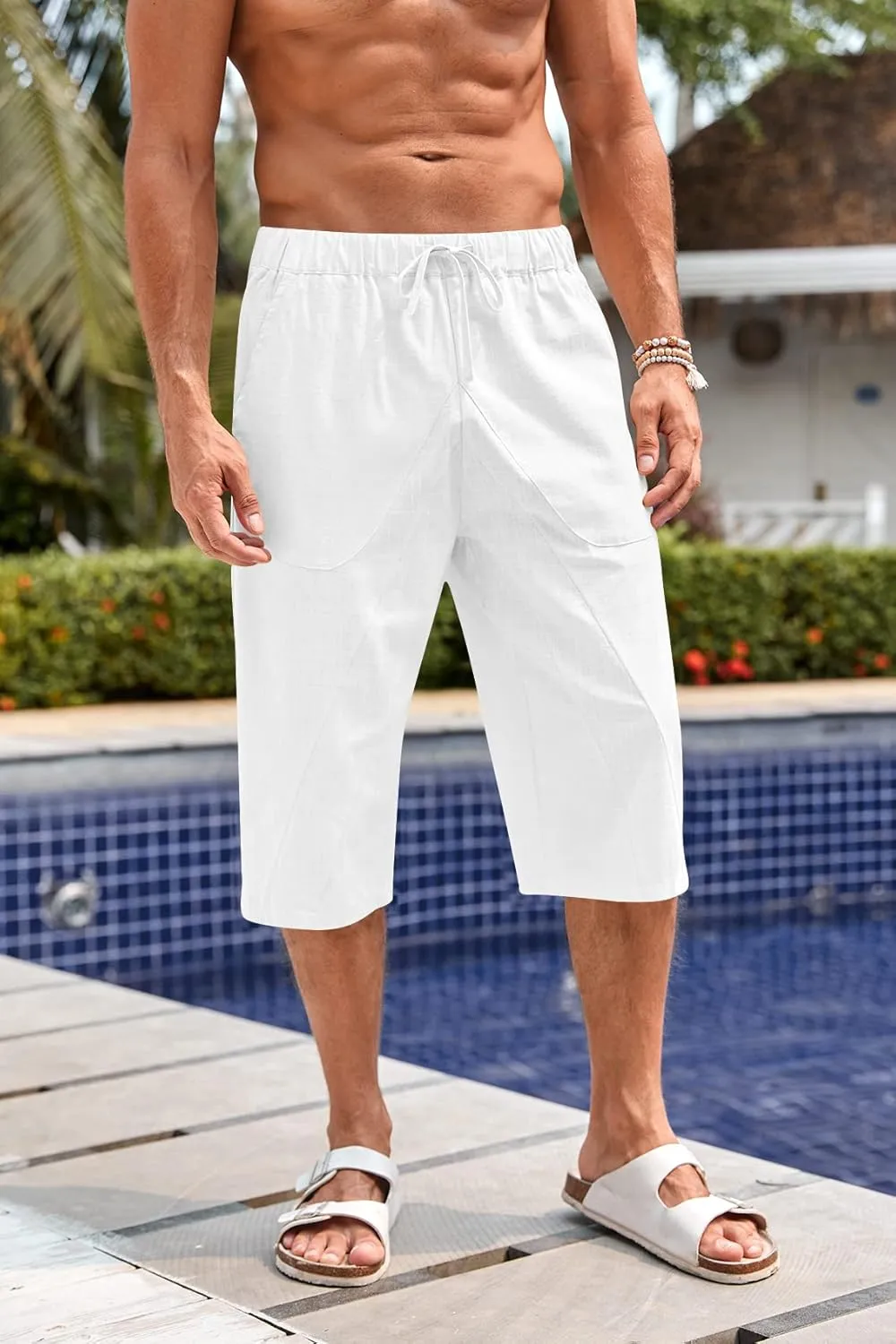 Fommykin Men's Cotton Linen Capri Pants Baggy Harem Drawstring Yoga Beach Pants with Pockets