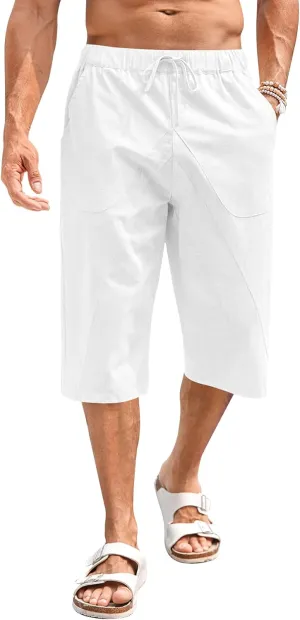 Fommykin Men's Cotton Linen Capri Pants Baggy Harem Drawstring Yoga Beach Pants with Pockets