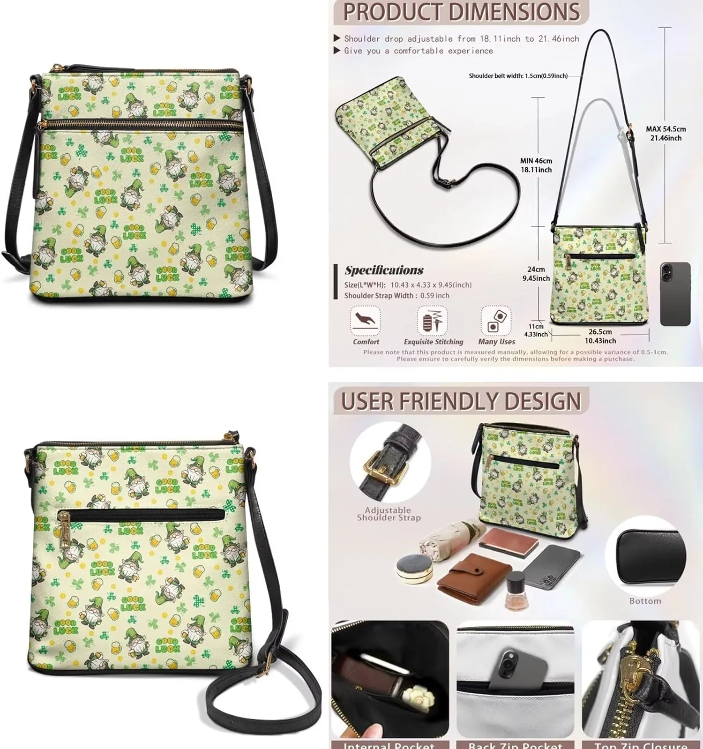 FOR U DESIGNS Travel Crossbody Bags for Women Leather Hobo Bags St. Patrick's Day Green Leaves Purse and Wallet Set