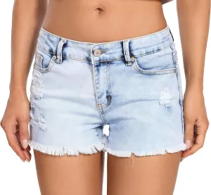 Foucome Women's Denim Shorts Summer Casual Low Waisted Frayed Raw Hem Ripped Denim Jean Shorts