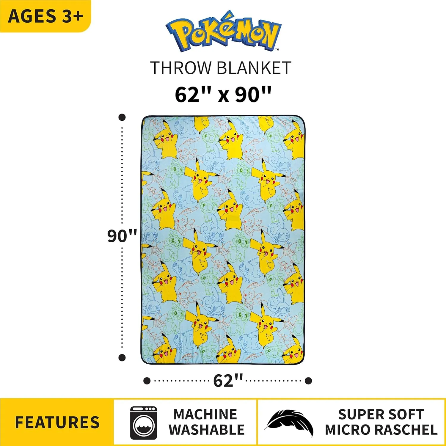 Franco Kids Bedding Super Soft Plush Throw Blanket, 62 in x 90 in, Pokemon
