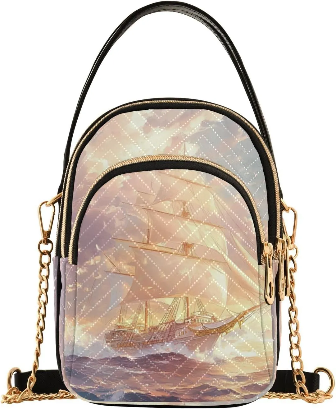 Frigate Seagull Flight Golden Multi Pockets Crossbody Bags for Women Zip Cell Phone Purse Wallet Bag with Detachable Shoulder Strap Shoulder Purse for Shopping Traveling Women Girls Trendy Gift