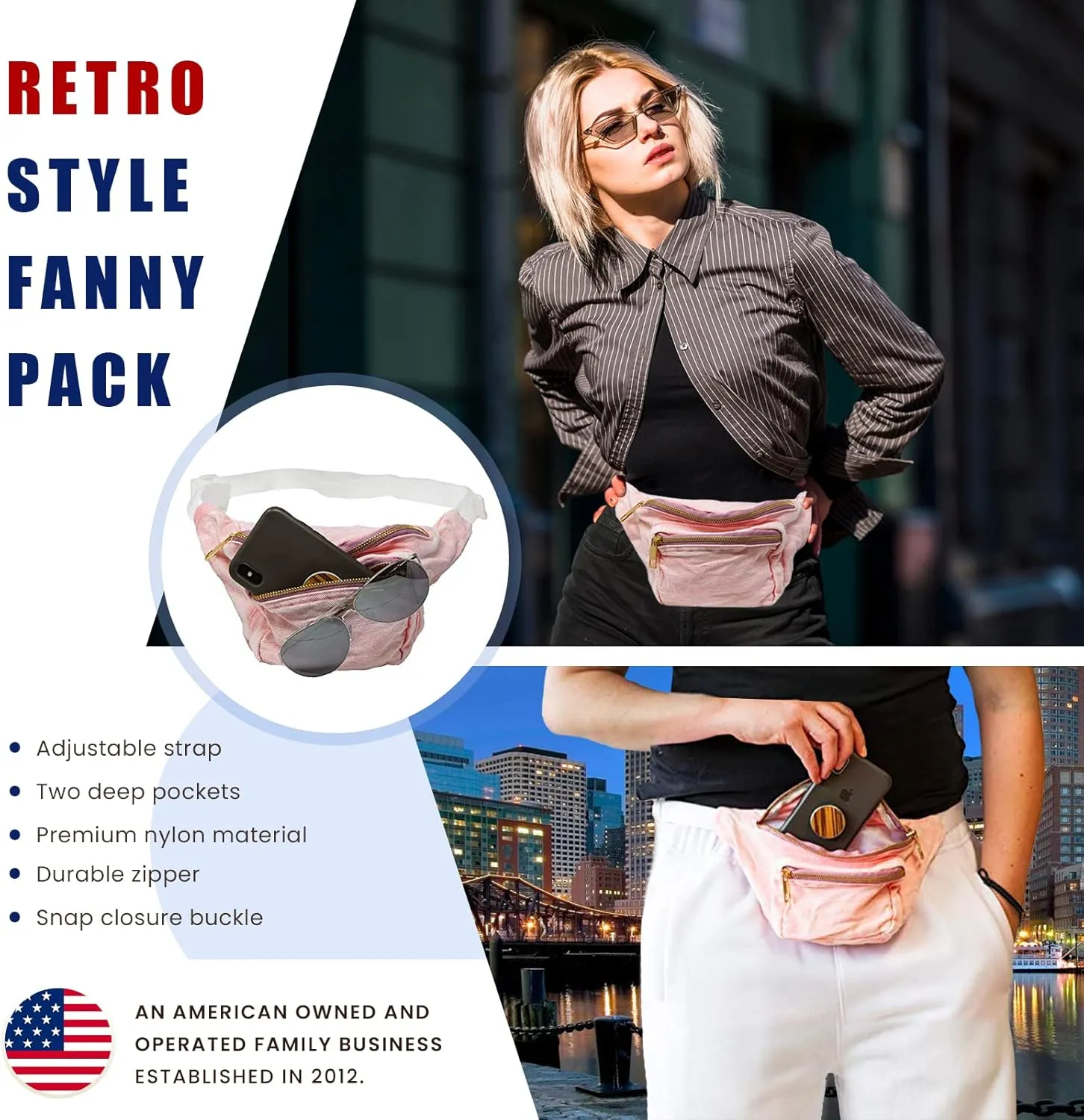 Funny Guy Mugs Premium Jean Fanny Pack - Pink- Retro Denim Acid Wash Jean Fanny Pack