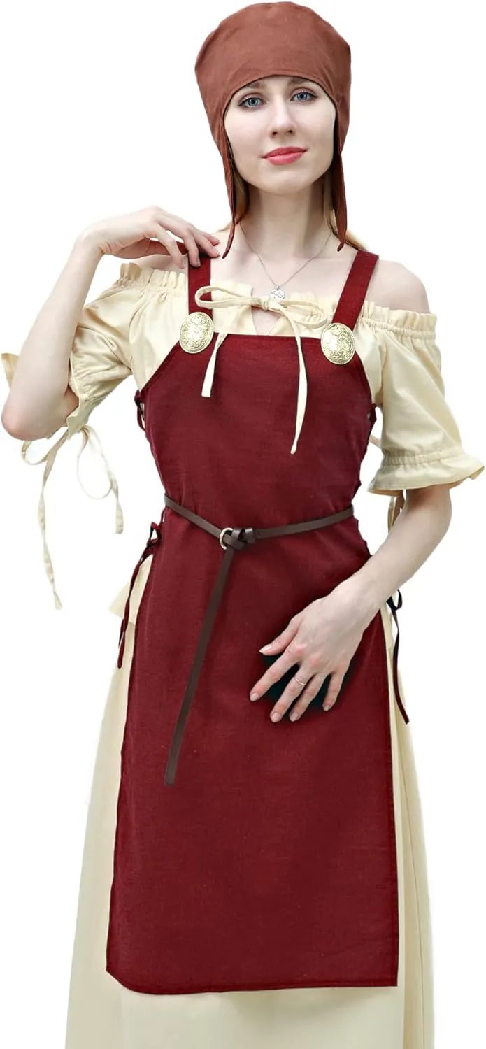 FURPHI Medieval Strappy Apron Linen Side Lace-Up Over Dress with Vintage Brooches and Belt Retro Costume for Women