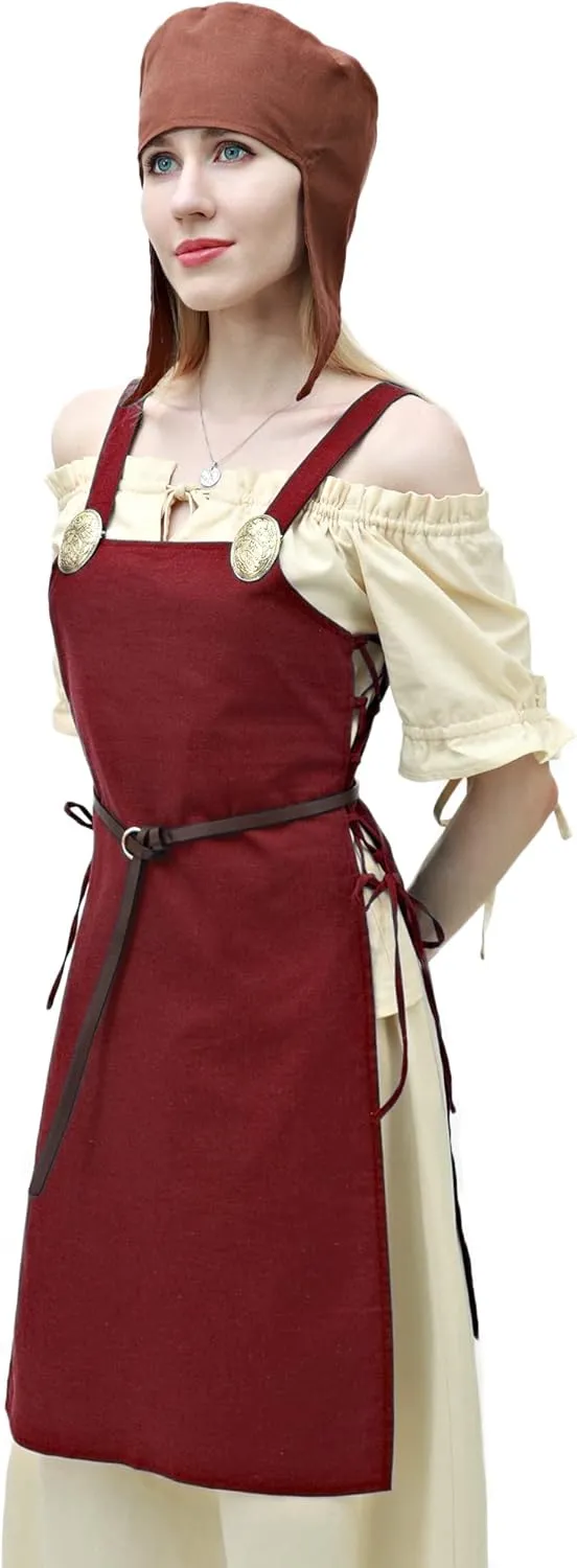 FURPHI Medieval Strappy Apron Linen Side Lace-Up Over Dress with Vintage Brooches and Belt Retro Costume for Women
