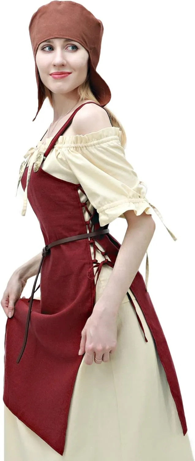 FURPHI Medieval Strappy Apron Linen Side Lace-Up Over Dress with Vintage Brooches and Belt Retro Costume for Women