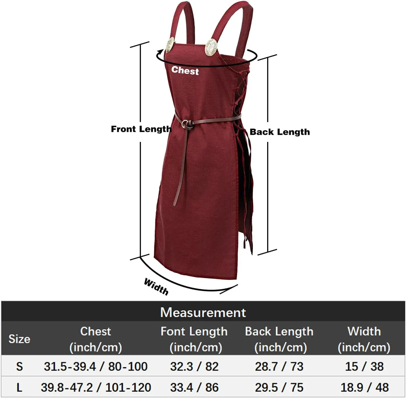 FURPHI Medieval Strappy Apron Linen Side Lace-Up Over Dress with Vintage Brooches and Belt Retro Costume for Women