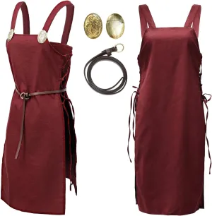 FURPHI Medieval Strappy Apron Linen Side Lace-Up Over Dress with Vintage Brooches and Belt Retro Costume for Women