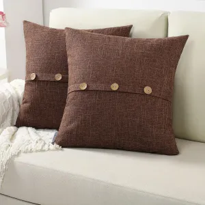 FUTEI Brown Linen Decorative Throw Pillow Covers 14x14 Inch Set of 2, Square Cushion Case with Vintage Button/Zipper,Modern Farmhouse Home Decor for Couch,Bed