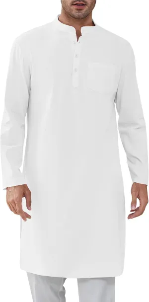 Gafeng Mens Kaftan Robe Button Down Long Sleeve Henley Cotton Thobe Casual Side Split Gown Shirt