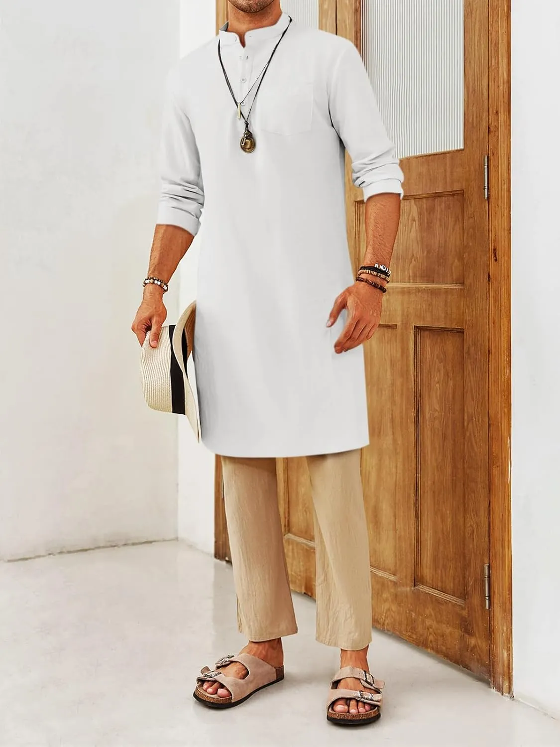 Gafeng Mens Kaftan Robe Button Down Long Sleeve Henley Cotton Thobe Casual Side Split Gown Shirt